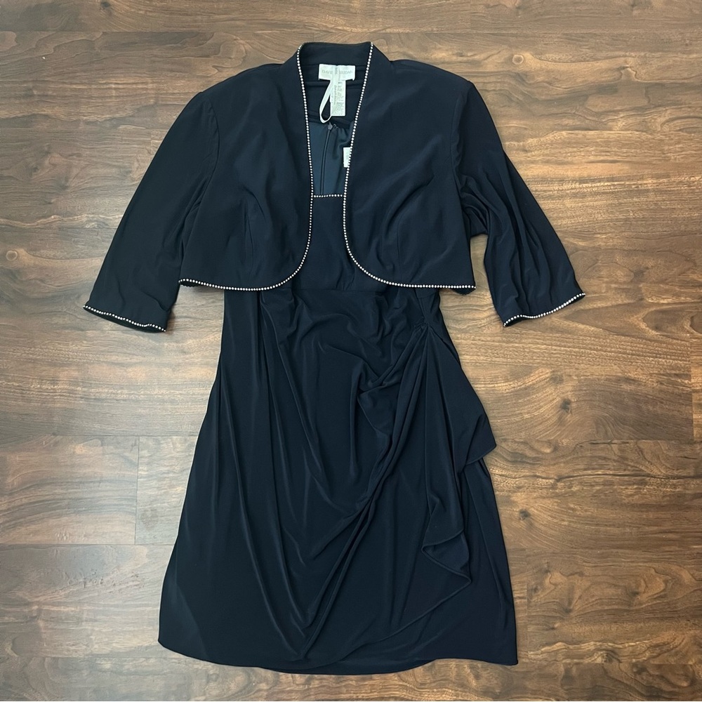 David’s Bridal 2 piece Black 3/4” Sleeve Jacket Beaded Trim Dress Women’s 22WP